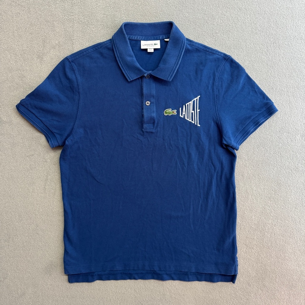 Lacoste Polo Shirt Medium Mens Short Sleeve Logo Spellout Blue Regular Fit Sport